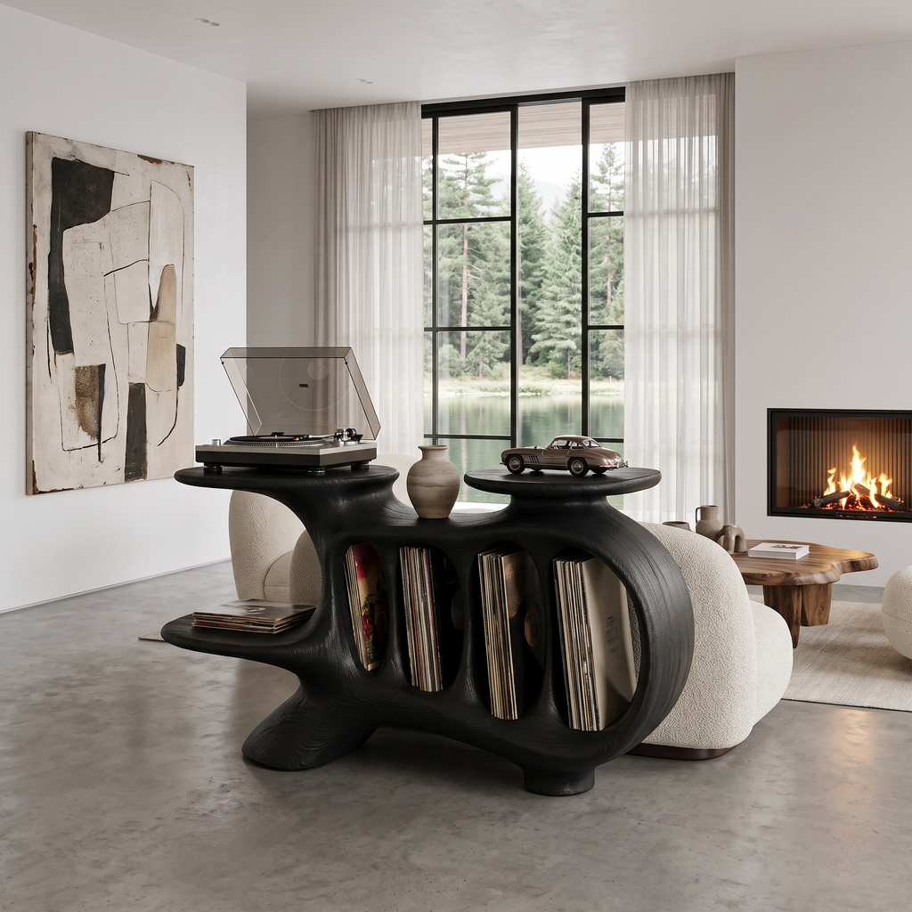 Natural Turntable Console With Sculptural Display Sections For Living Room