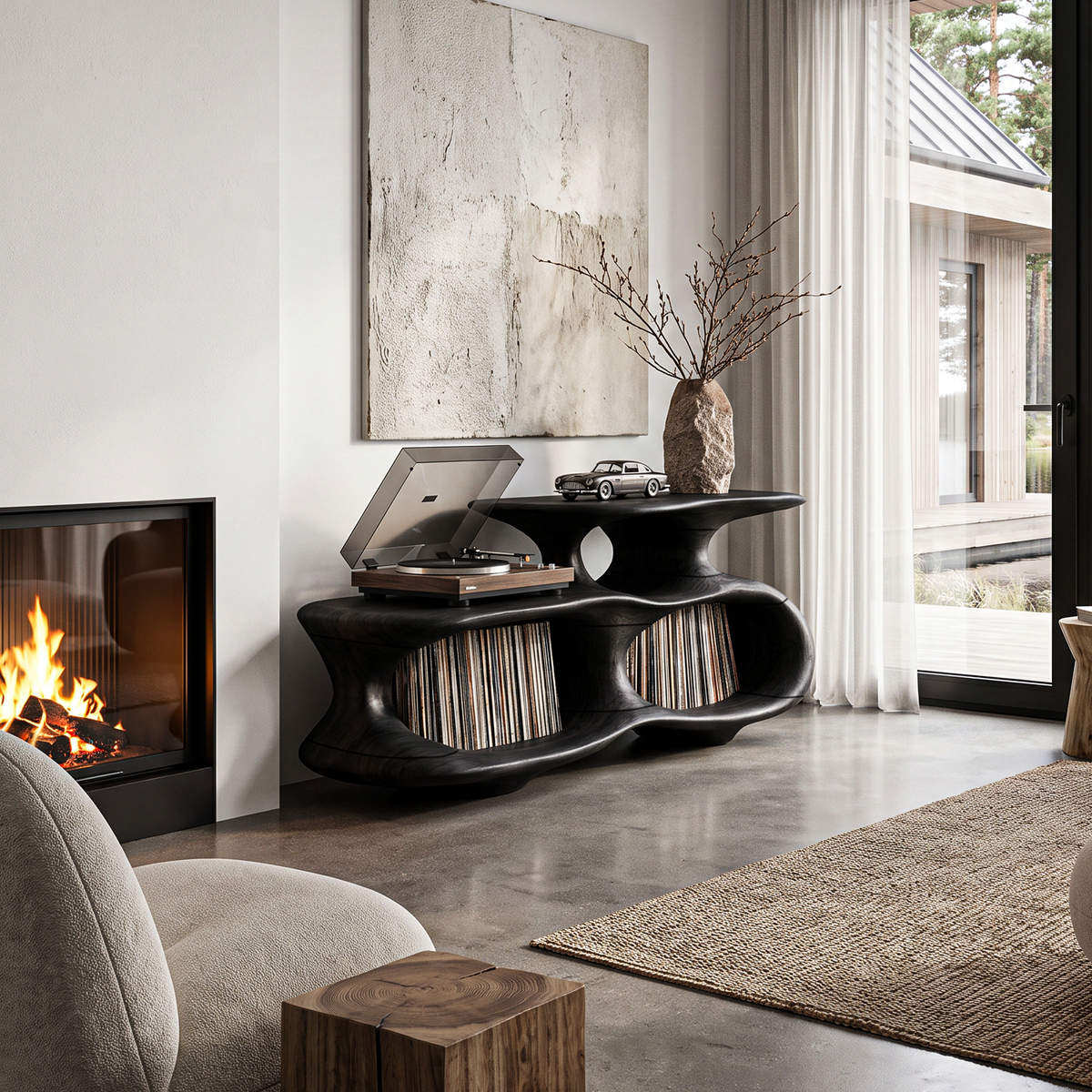 Modern Vinyl Record Stand With Asymmetrical Curved Compartments For Hallway