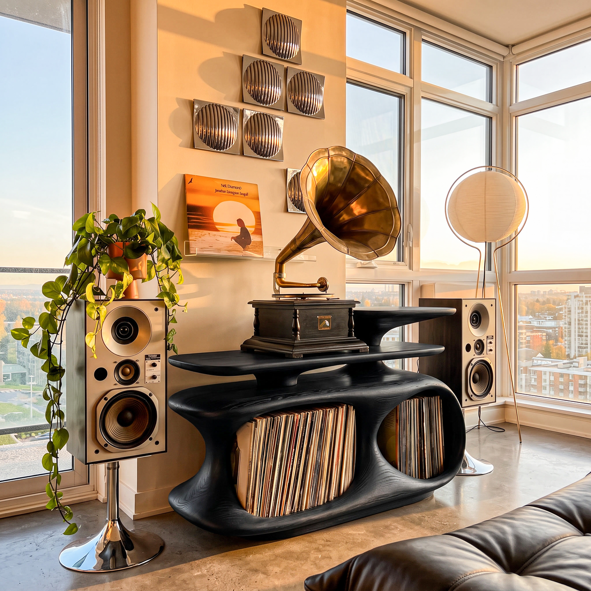 Mid Century Record Cabinet With Bold Circular Openings For Living Room