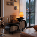 Modern Media Console With Vinyl Storage And Curved Display Compartments For Entryway