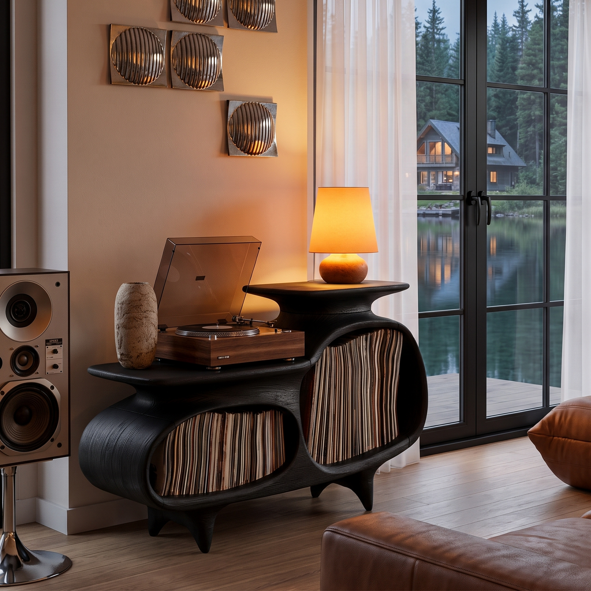 Modern Media Console With Vinyl Storage And Curved Display Compartments For Entryway
