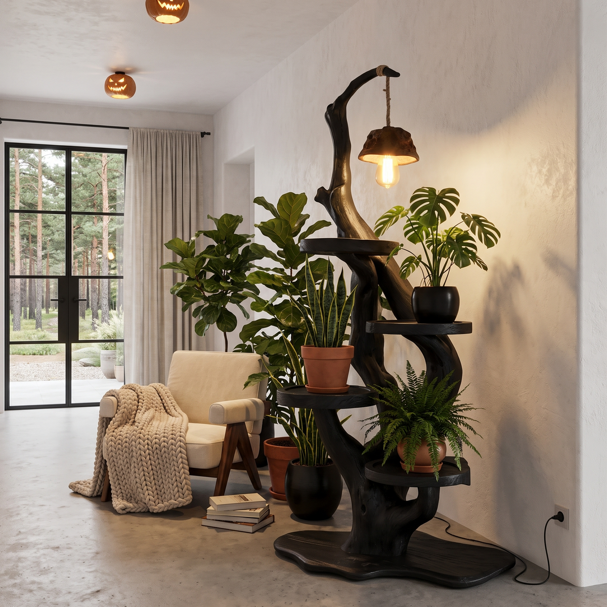 Rustic Halloween Tree Plant Stand With Hanging Lamp For Living Room