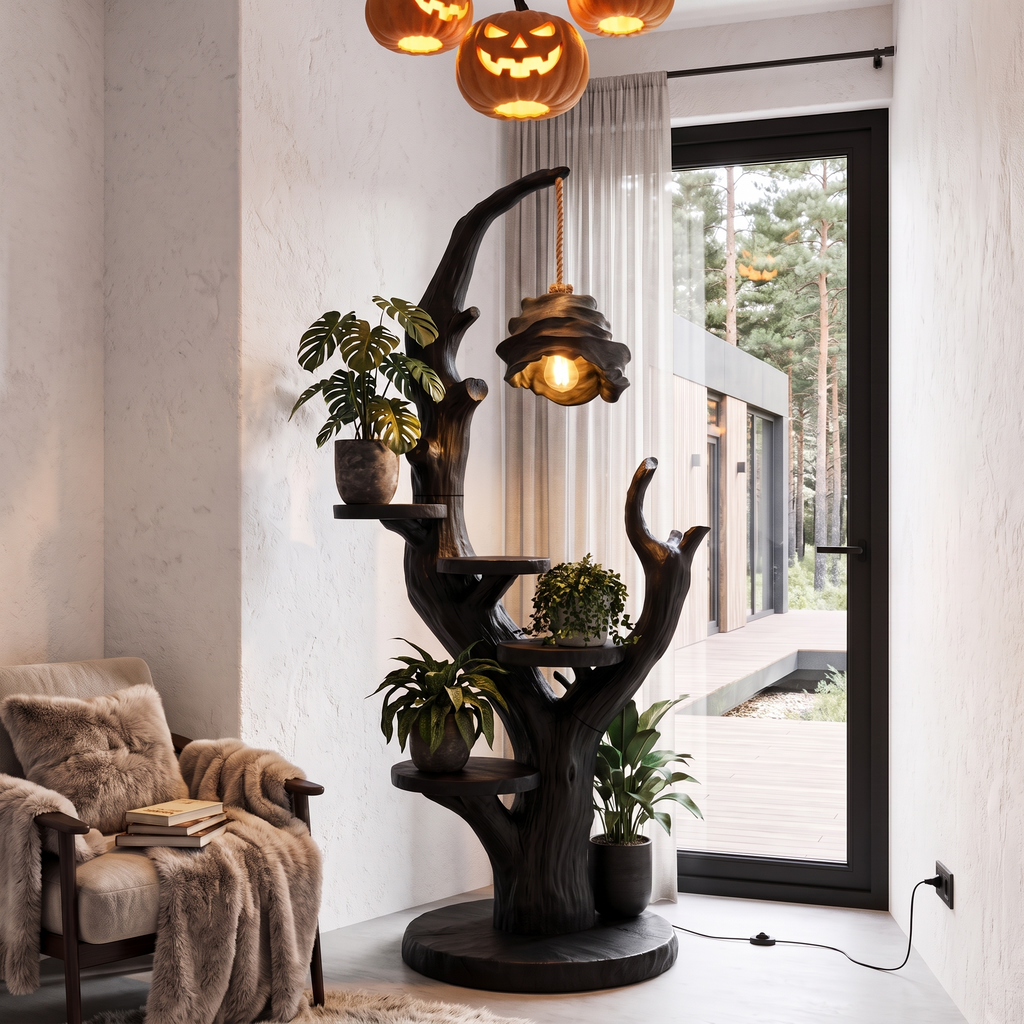 Contemporary Halloween Plant Display Stand With Floating Circular Shelves For Entryway