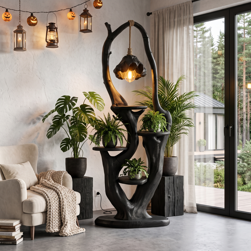 Rustic Halloween Tree Plant Stand With Hanging Lantern Canopy For Entryway