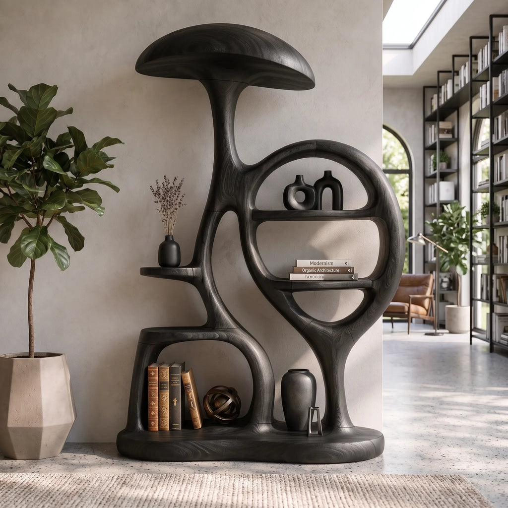 Contemporary Arched Mushroom Bookshelf Cozy Bedroom