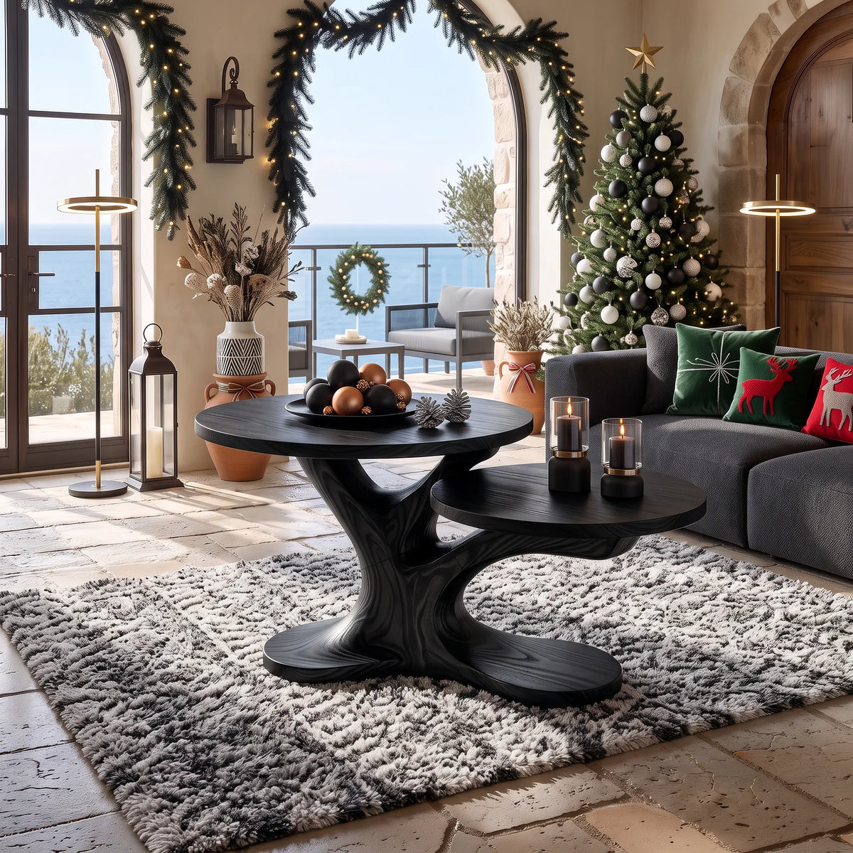 Organic Modern Reindeer Round Coffee Table Holiday Living Room