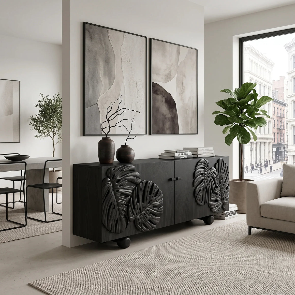Botanical Sideboard Sideboard Storage Cabinet Modern Sideboard Tropical Leaf Carving For Living Room