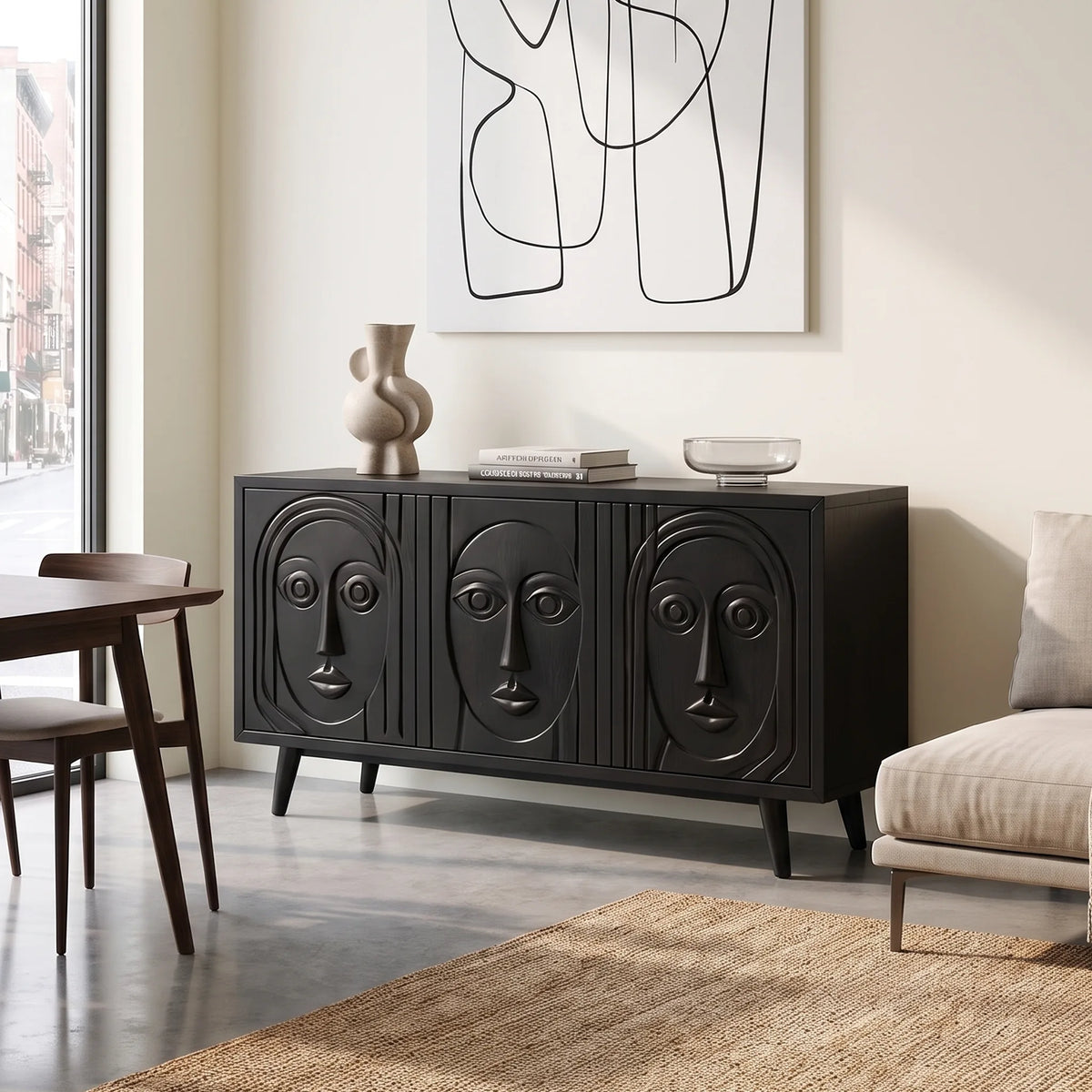 Serene Sideboard Dining Room Sideboard Cabinet Modern Sideboard Triple Face Carving For Dining Room