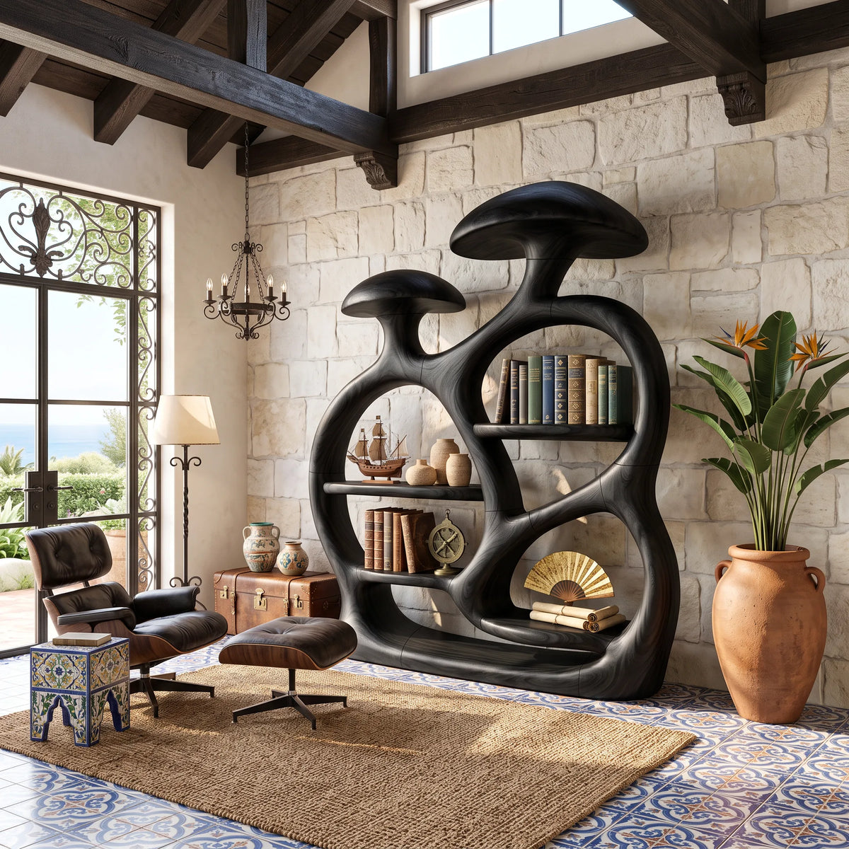Contemporary Arched Mushroom Bookshelf Open Living Room