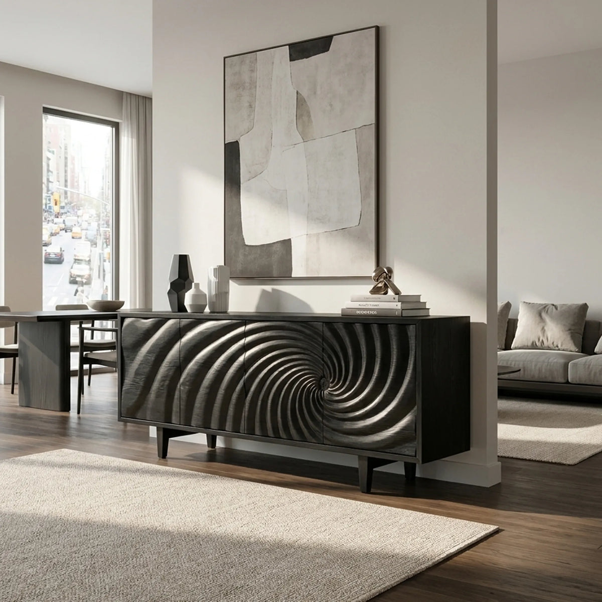 Sculptural Sideboard Dining Sideboard Cabinet Buffet Cabinet Spiral Carved Front For Dining Room