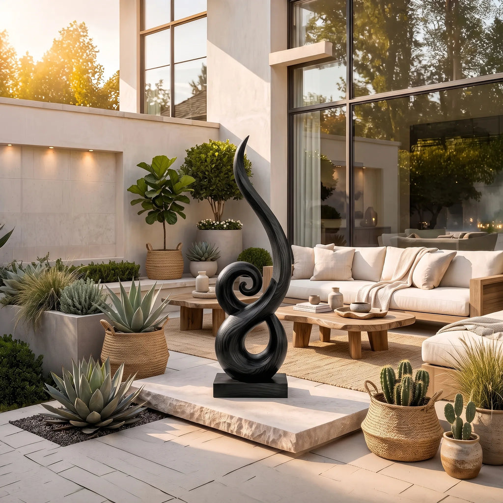 Japandi Abstract Swirl Wooden Sculpture For Zen Garden Decor