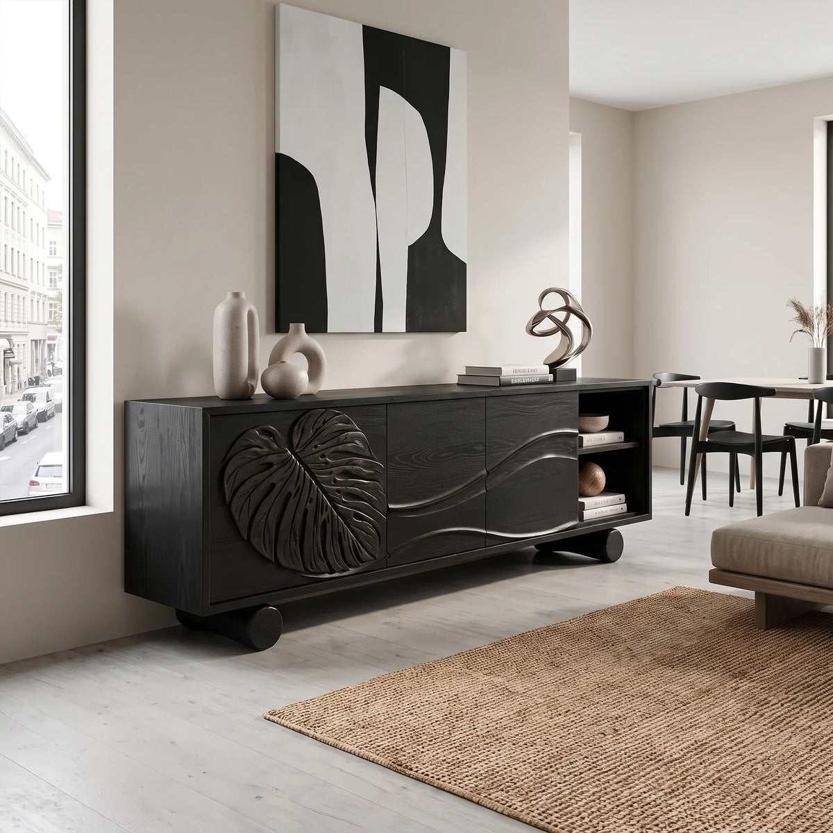 Organic Sideboard Cabinet Modern Sideboard Buffet Cabinet Monstera Carving For Living Room