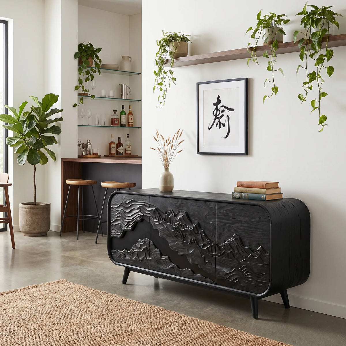 Mid Century Carved Sideboard Buffet Cabinet Living Room