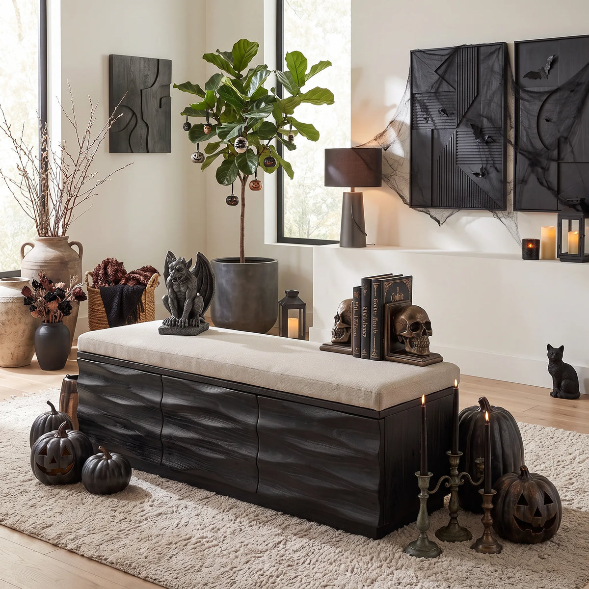 Modern Wave Storage Bench Cushion For Halloween Fall Decor