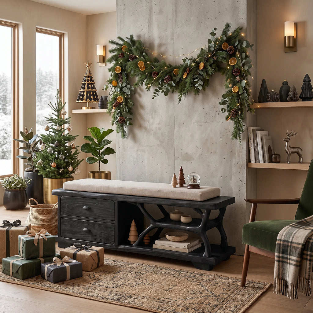 Modern Christmas Storage Bench Reindeer Living Room Decor