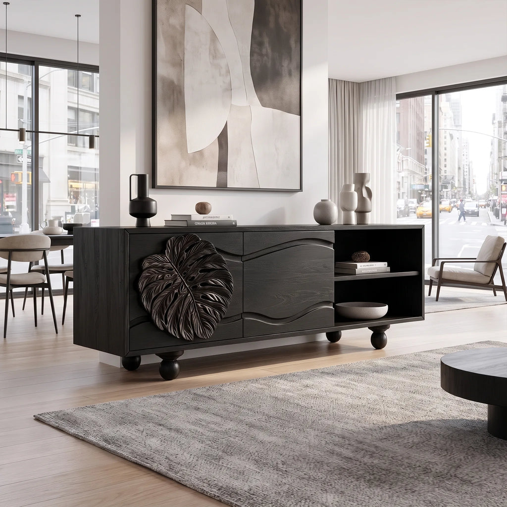 Organic Sideboard Sideboard Cabinet Modern Sideboard Leaf Carving Open Storage For Living Room