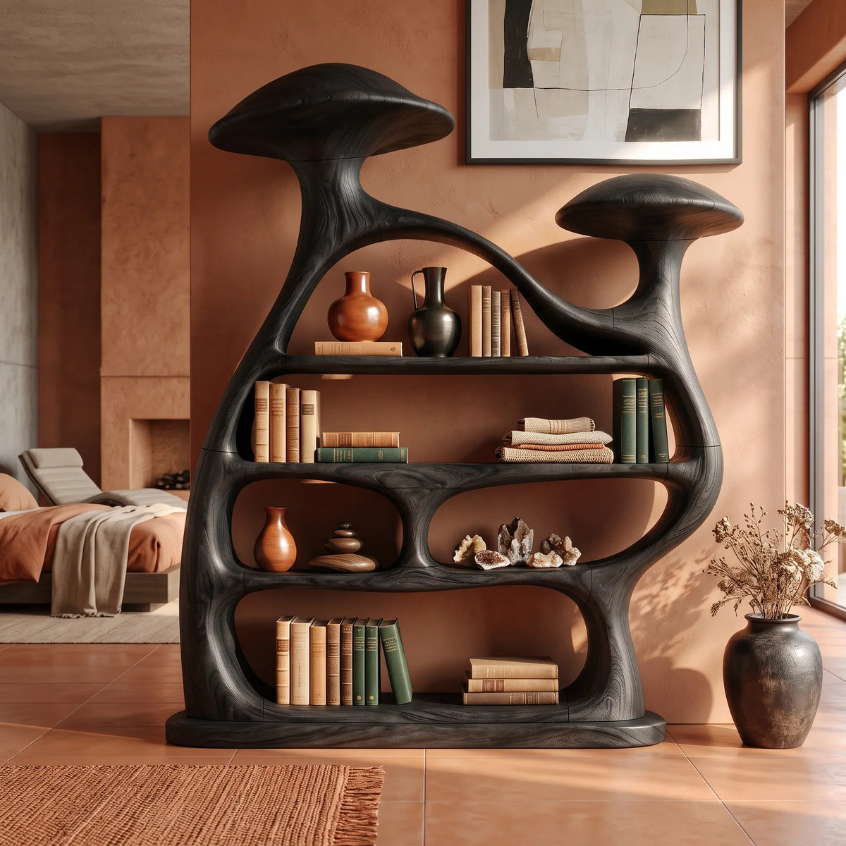 Organic Wide Mushroom Bookcase Modern Living Room