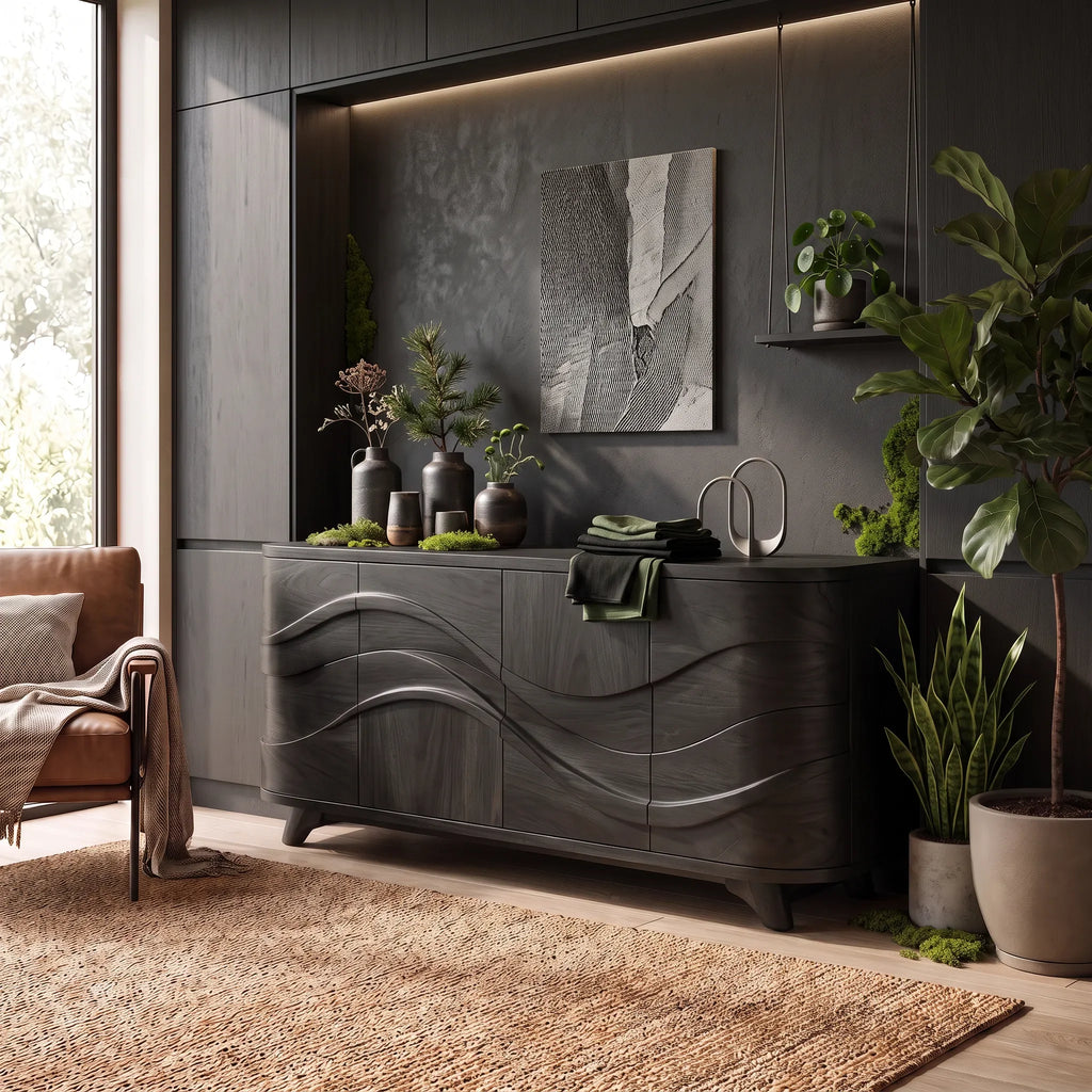 Handcrafted Wave Carved Sideboard Cabinet Living Room