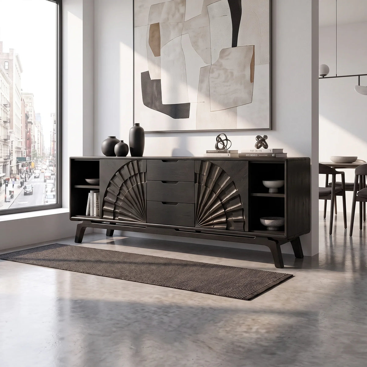 Sculptural Sideboard Cabinet Dining Sideboard Buffet Cabinet Fan Carving For Living Room