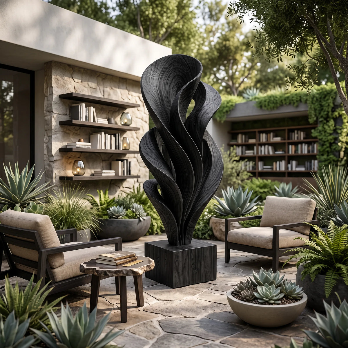 Rustic Organic Leaf Wood Sculpture For Outdoor Garden Decor