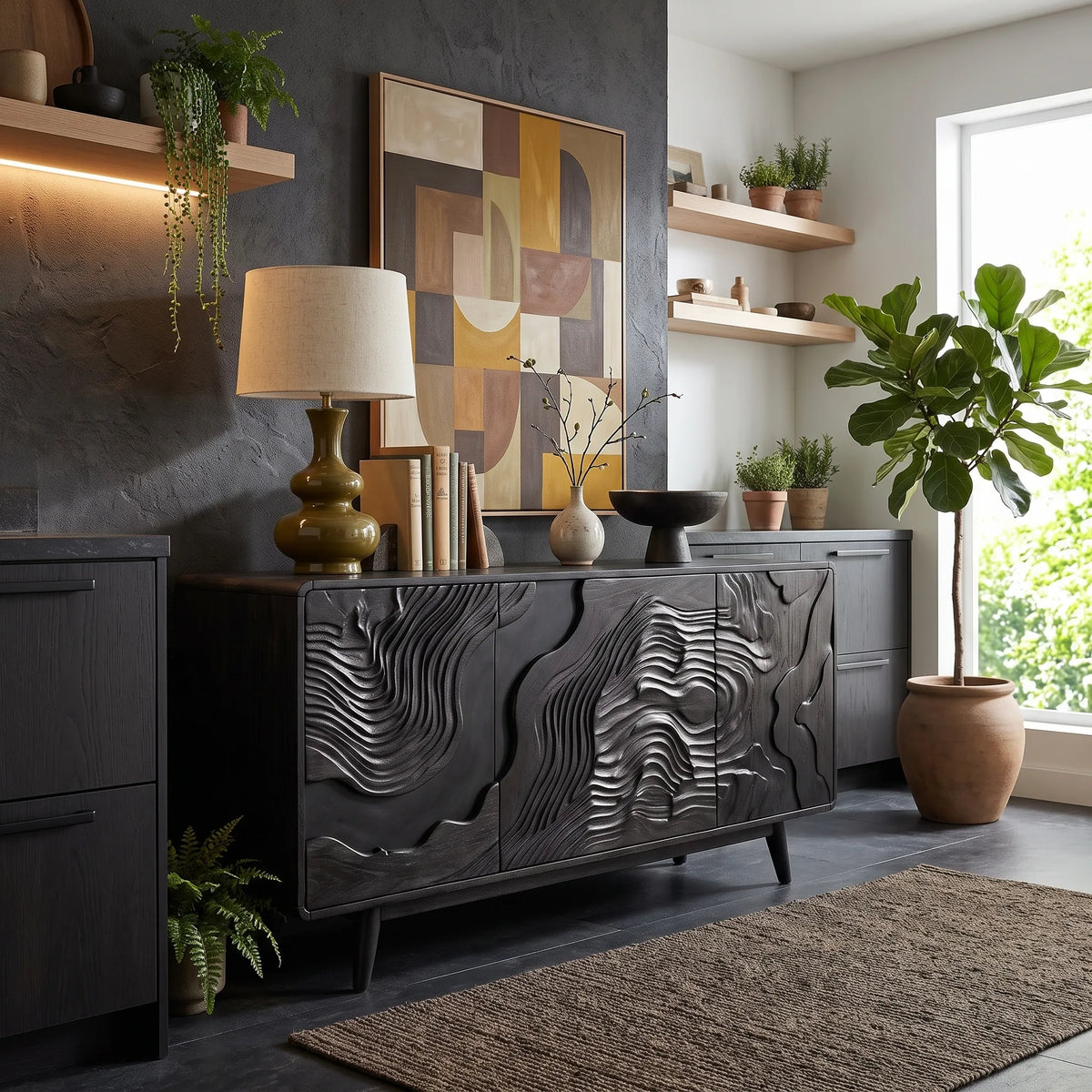 Organic Modern Carved Buffet Cabinet Living Room