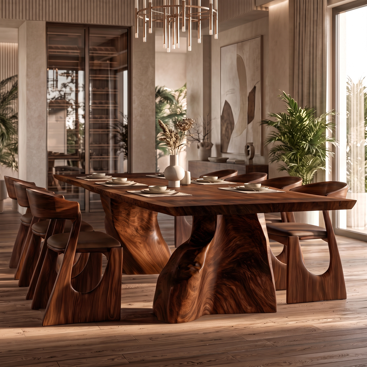 Modern Live Edge Dining Table With Sculptural Tree Trunk Base For Dining Room