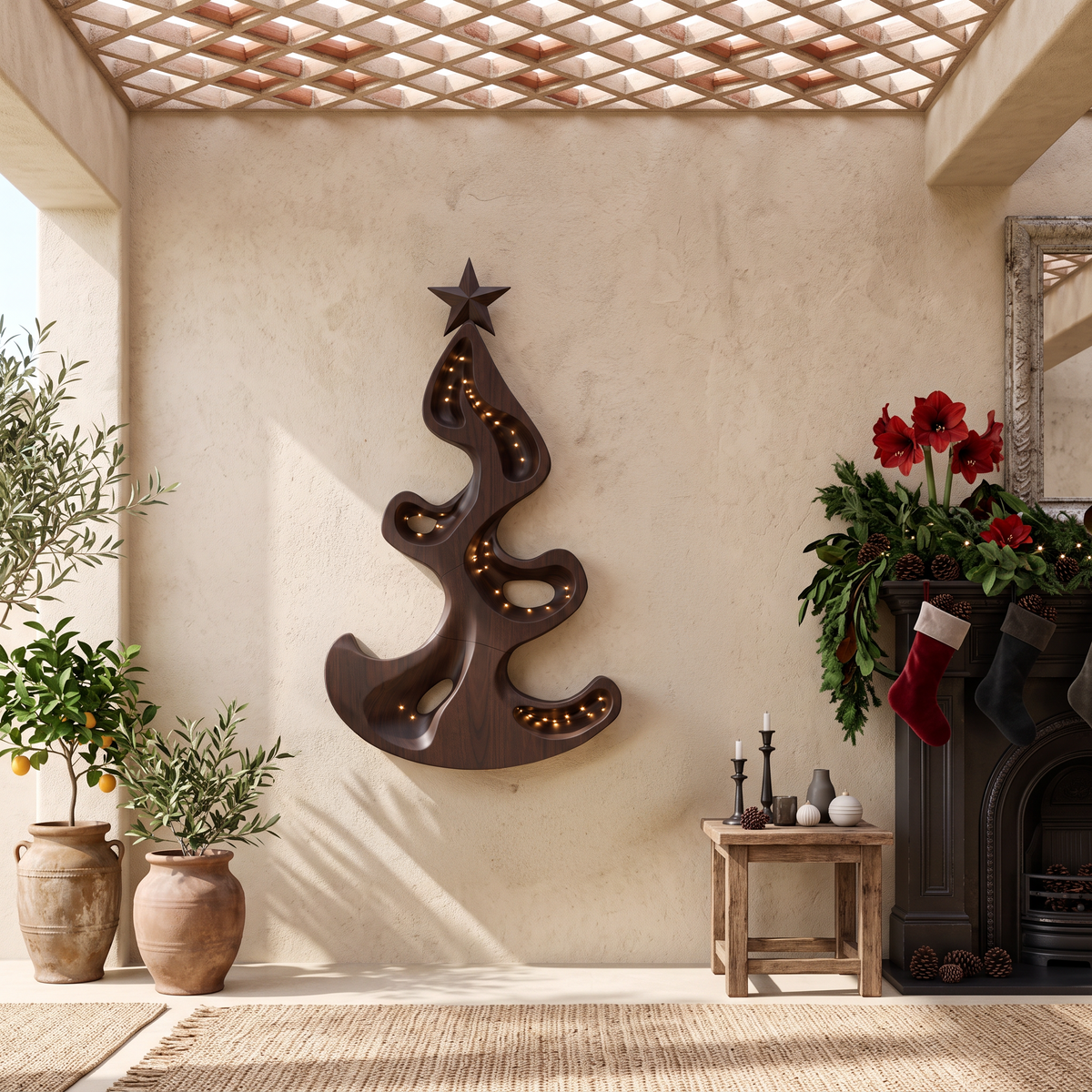 Rustic Christmas Wall Sculpture With Freeform Tree Design For Entryway