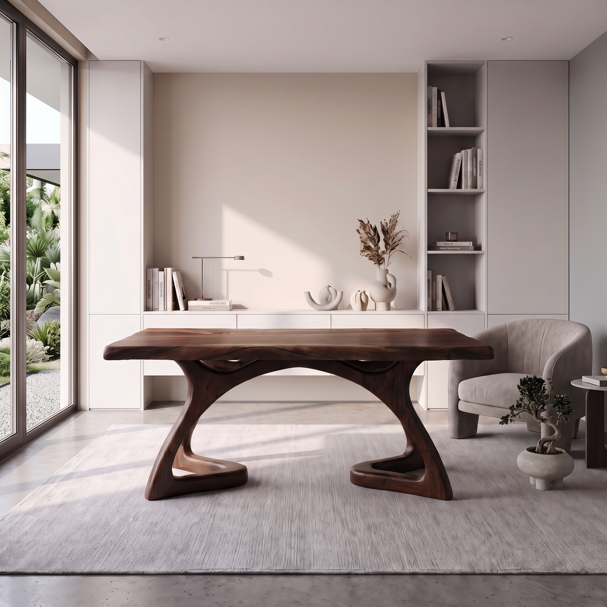 Rustic Executive Desk With Curved Open Frame Legs For Workspace