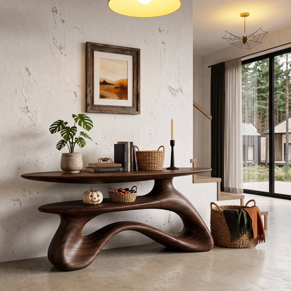 Modern Halloween Entryway Table With Open Storage Shelf And Hollow Frame For Hallway