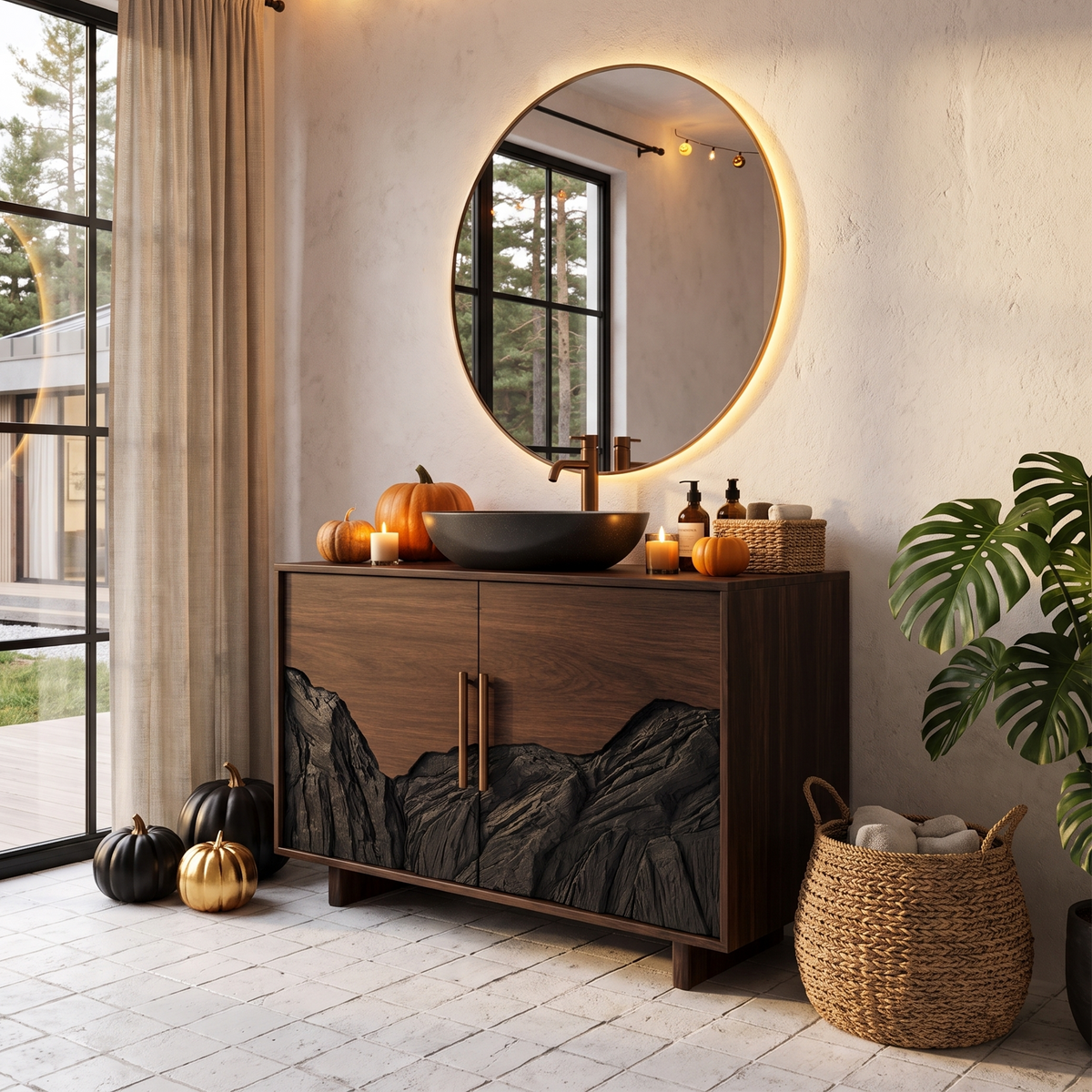 Rustic Halloween Bathroom Vanity Cabinet With Haunted Mountain Design For Bathroom