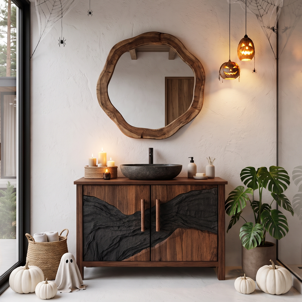 Modern Halloween Vessel Sink Vanity With Dark Mountain Relief For Bathroom