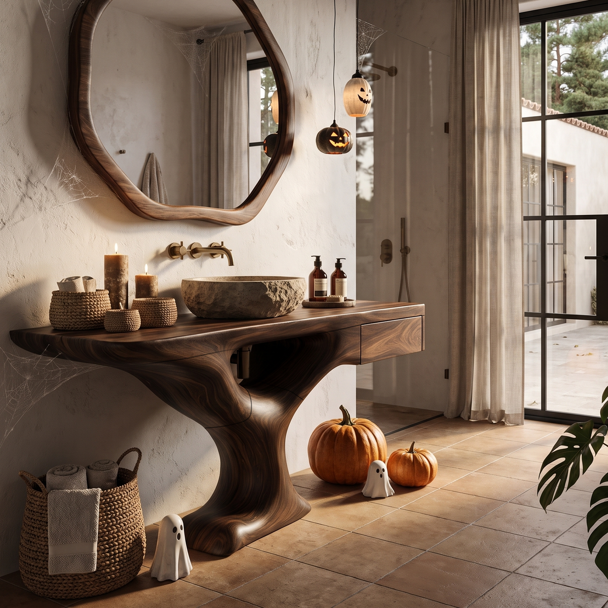 Rustic Halloween Vessel Sink Vanity With Sculptural Tree Frame For Bathroom