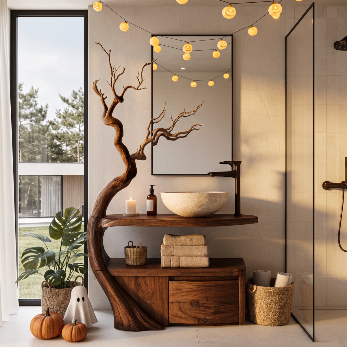Gothic Halloween Bathroom Vanity With Haunted Tree Branch Design For Bathroom