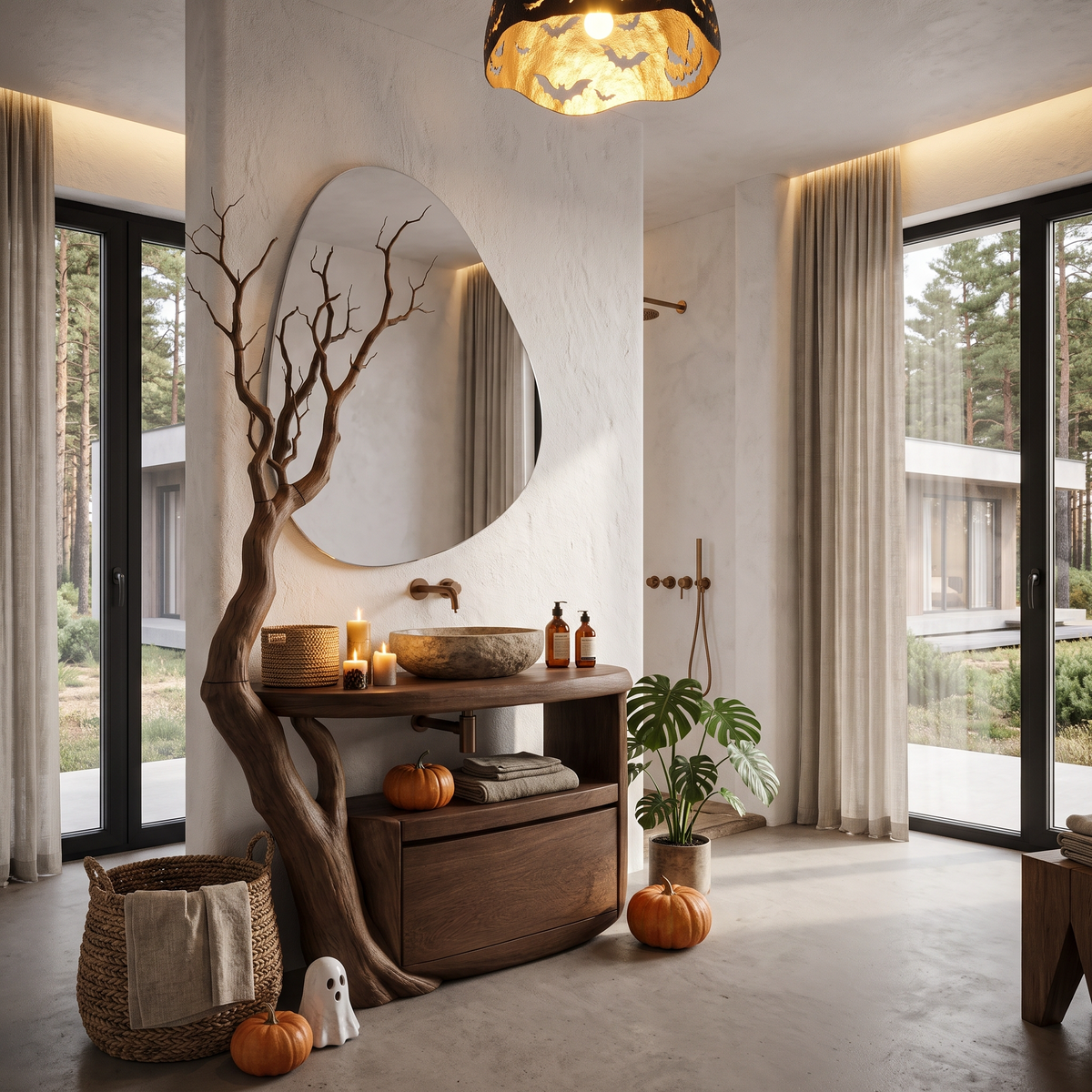 Natural Halloween Tree Bathroom Vanity With Open Shelf Storage For Bathroom