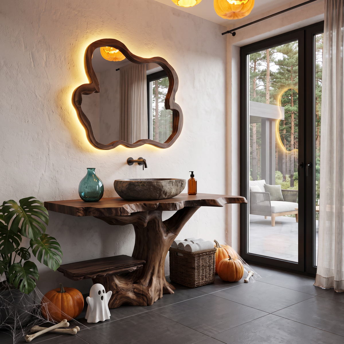 Rustic Halloween Bathroom Vanity With Live Edge Top And Tree Trunk Base For Bathroom