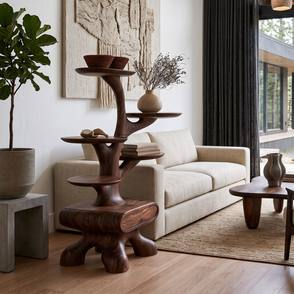 Rustic Tree Side Table With Tiered Display Shelves For Living Room