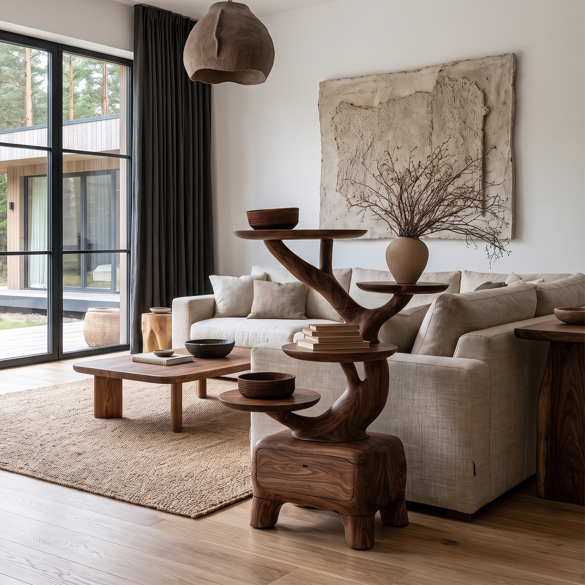 Natural Sculptural Side Table With Branch Display Shelves For Living Room