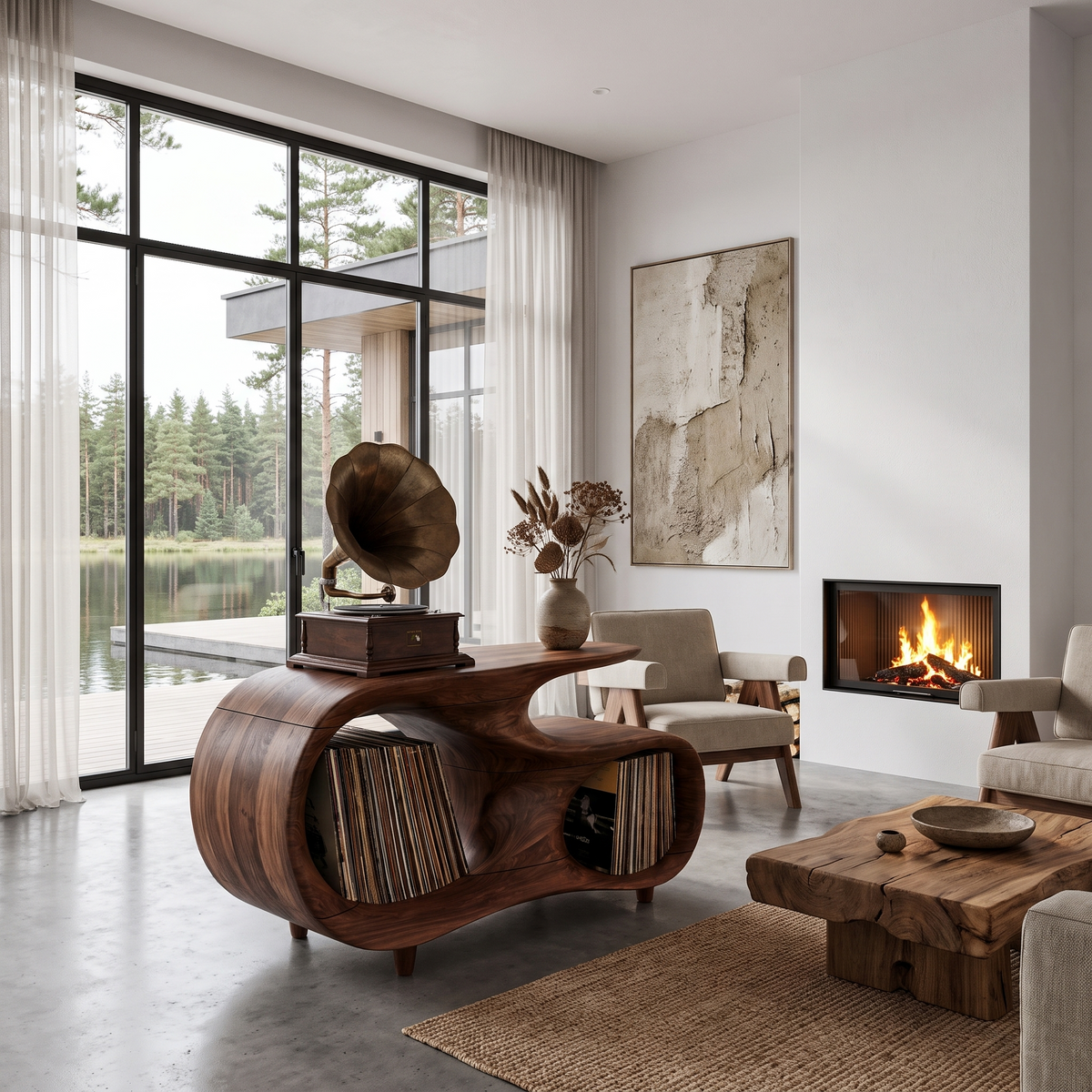 Contemporary Turntable Stand With Flowing Open Frame Design For Entryway