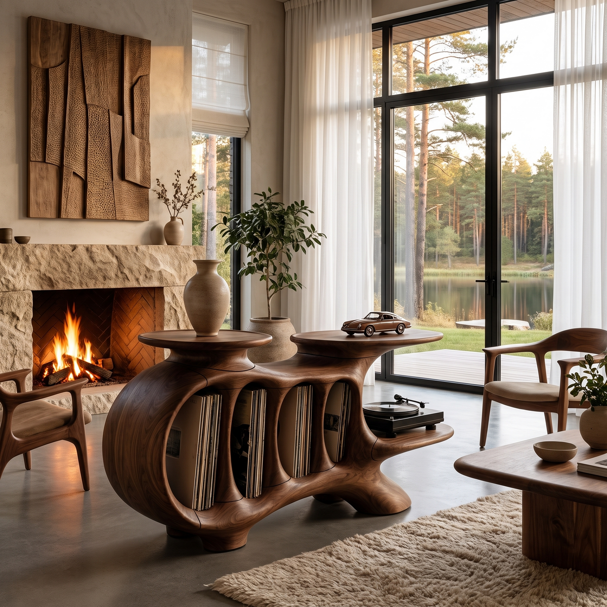 Natural Turntable Console With Sculptural Display Sections For Living Room