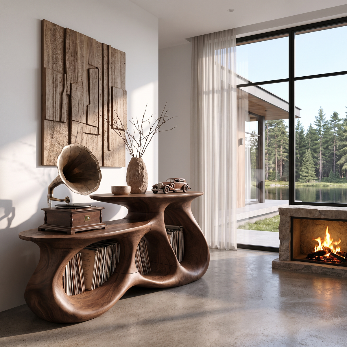 Contemporary Vinyl Record Cabinet With Interlocking Curved Forms For Living Room