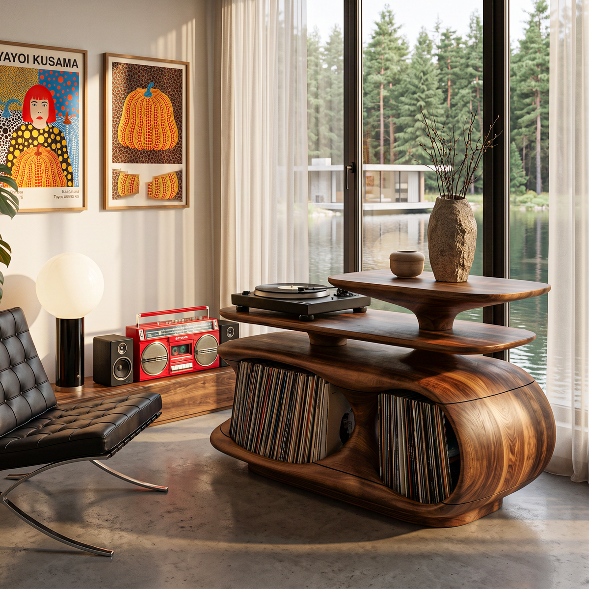 Mid Century Record Cabinet With Bold Circular Openings For Living Room