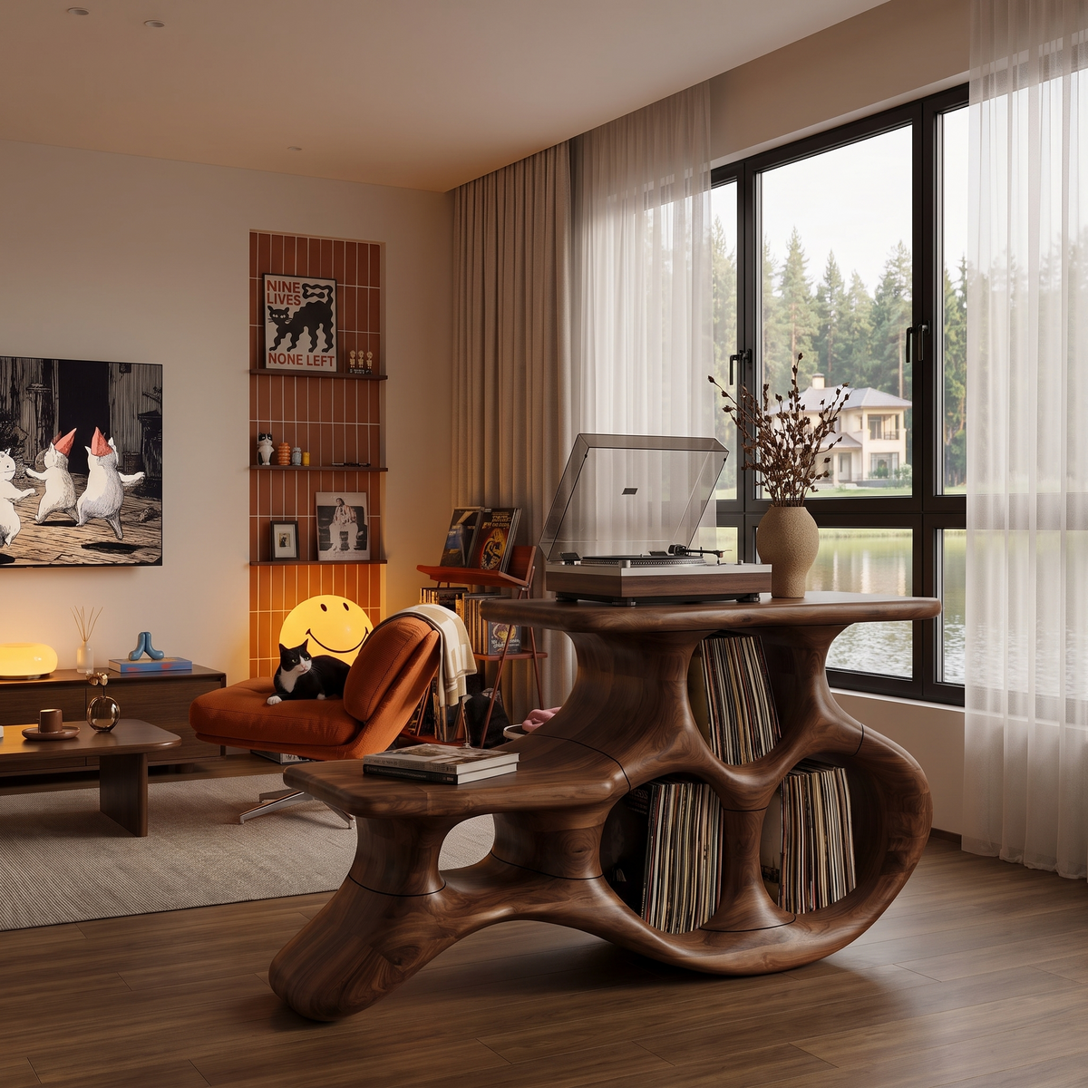 Organic Turntable Cabinet With Abstract Rounded Frame For Living Room