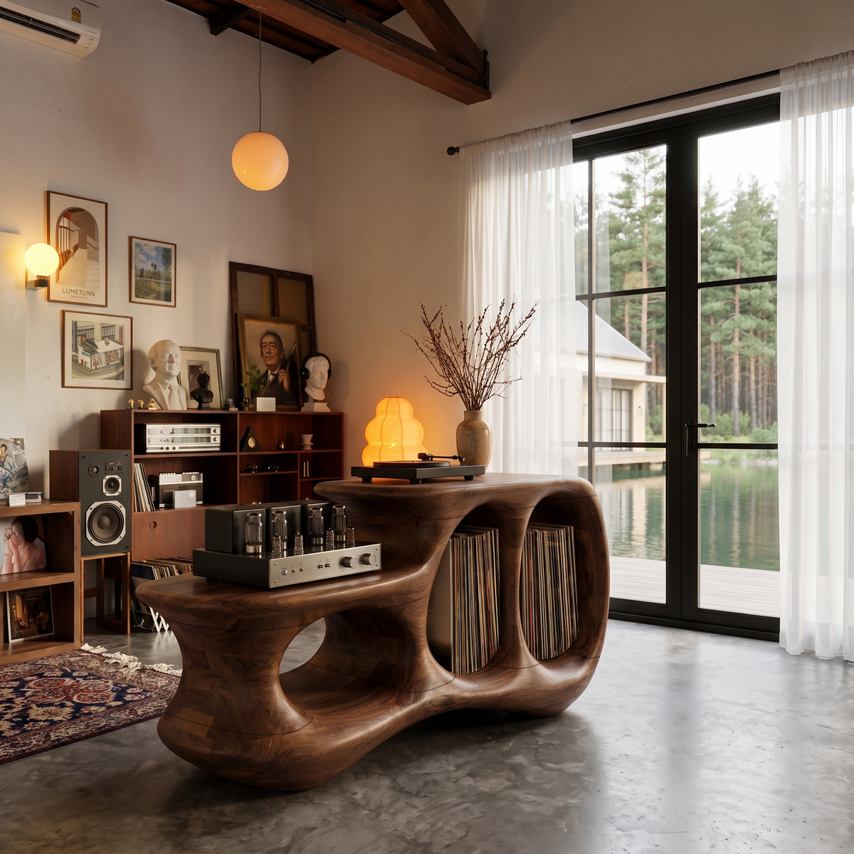 Natural Record Player Stand With Flowing Sculptural Frame For Living Room