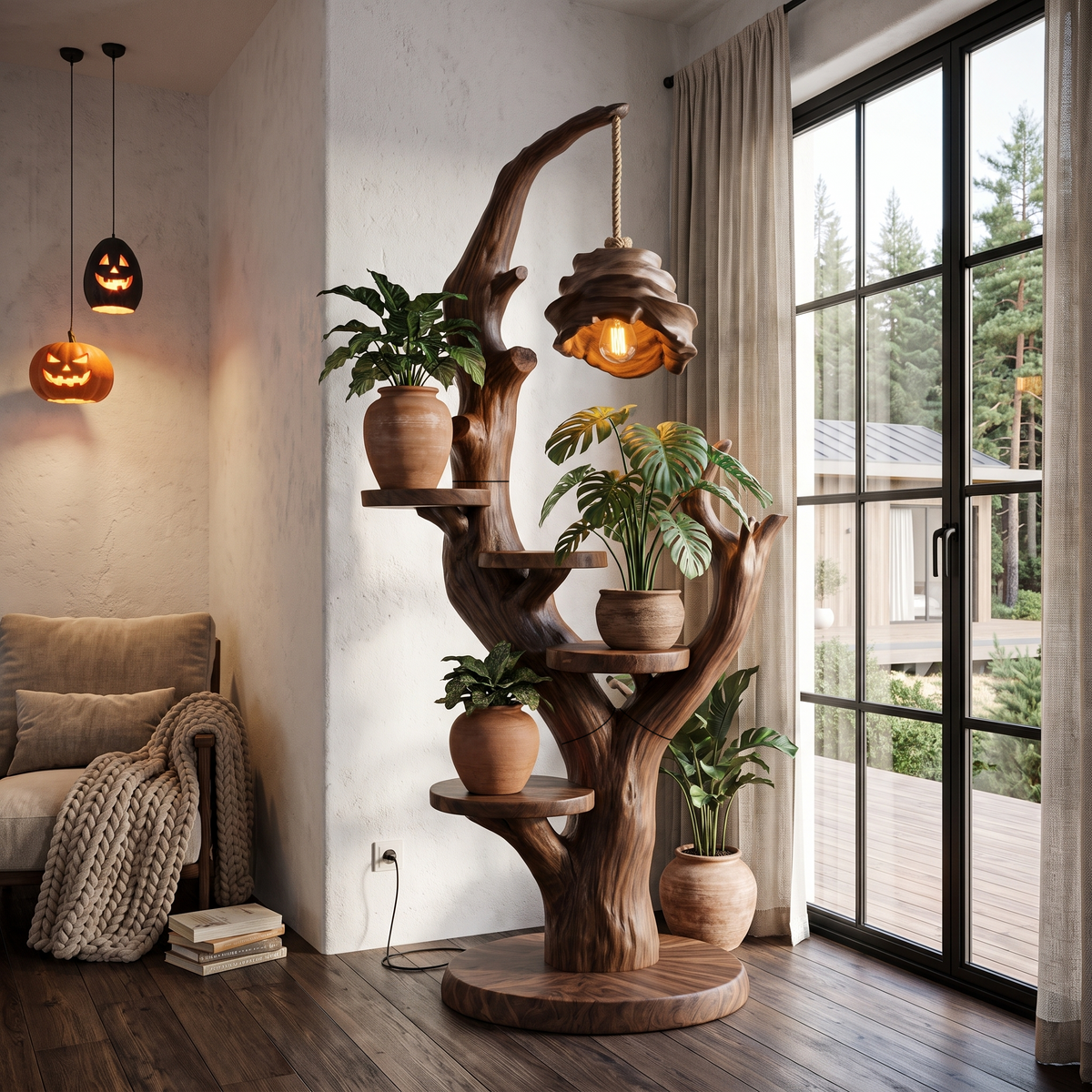 Contemporary Halloween Plant Display Stand With Floating Circular Shelves For Entryway