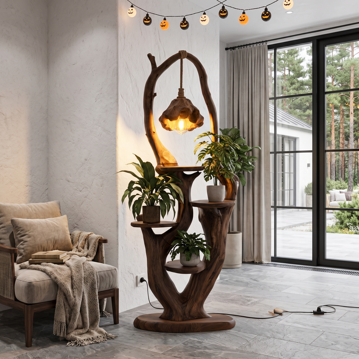 Rustic Halloween Tree Plant Stand With Hanging Lantern Canopy For Entryway