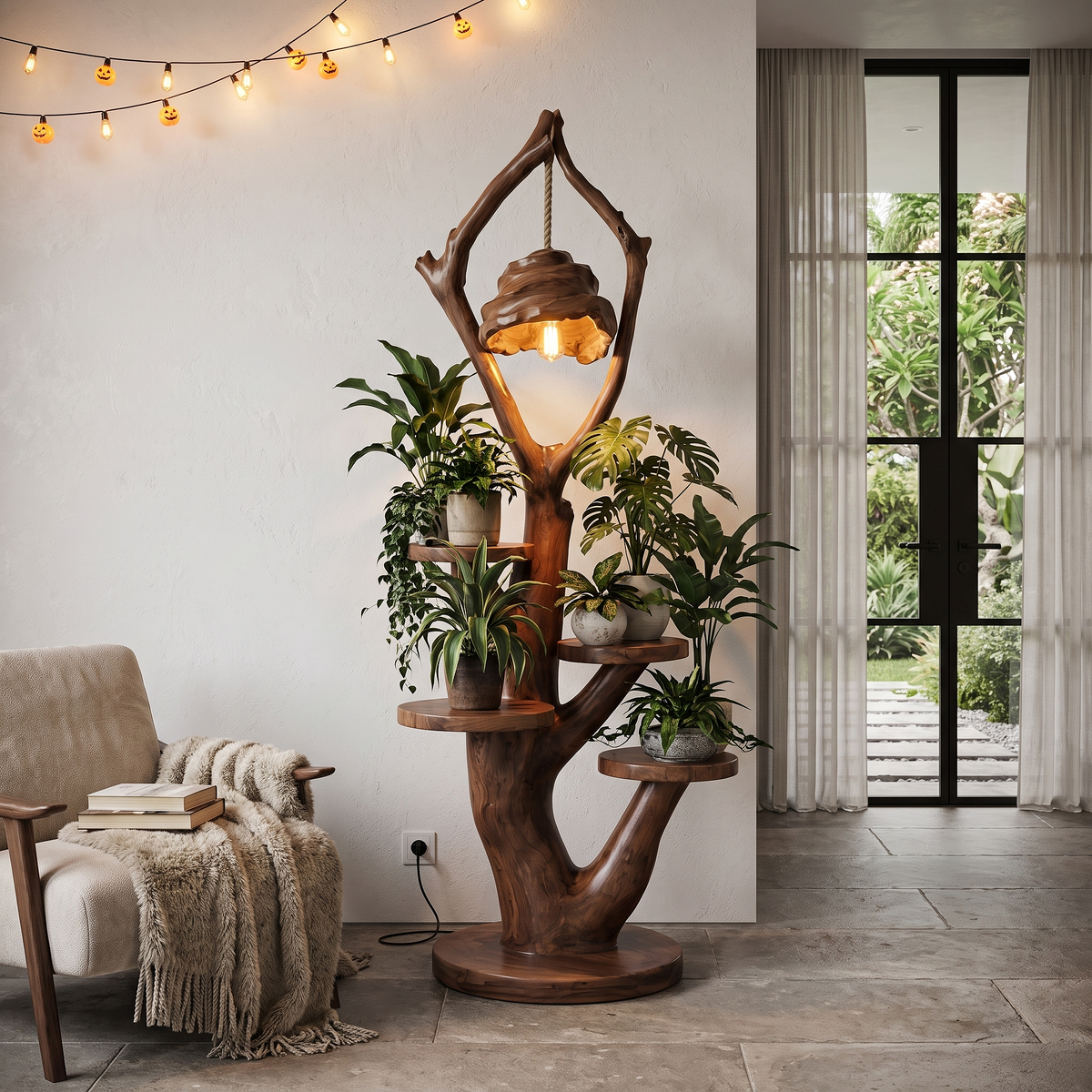 Modern Halloween Multi Tier Plant Stand With Sculptural Branch Shelves For Sunroom