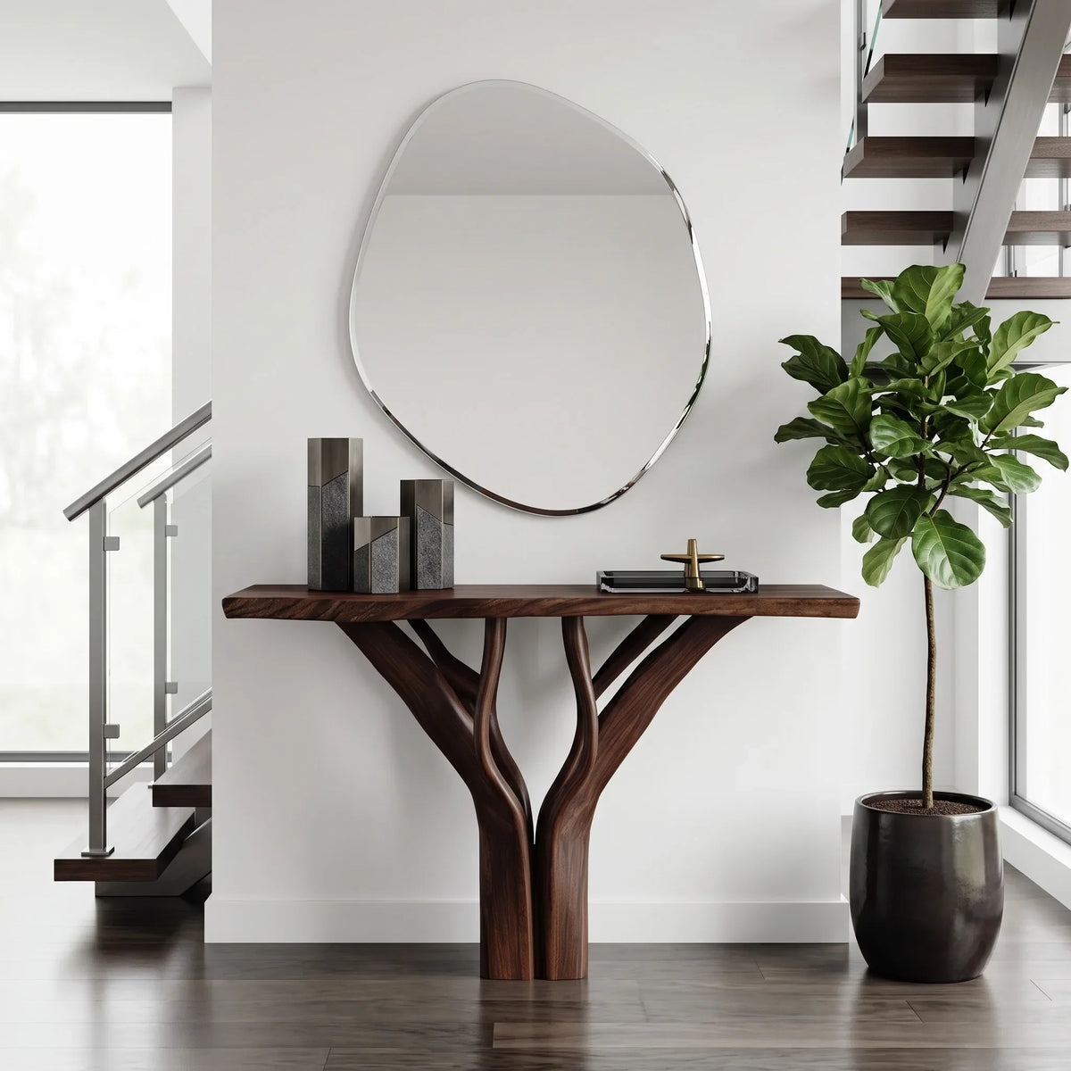 Organic Sculptural Console Table With Pedestal Base For Entryway