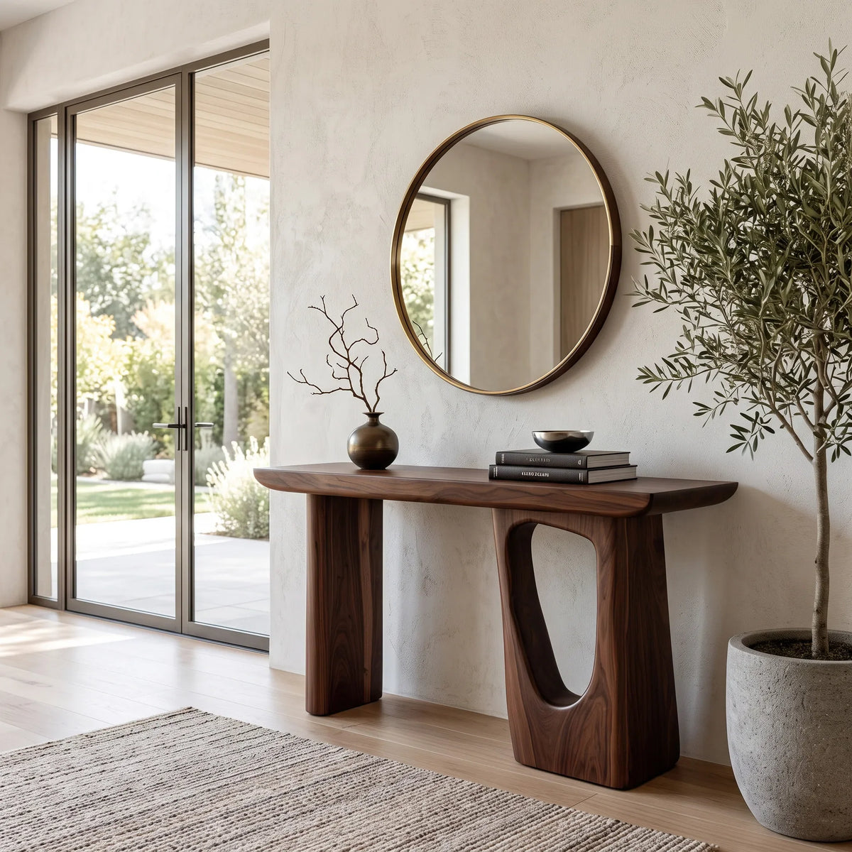 Contemporary Sculptural Console Table With Pedestal Legs For Entryway