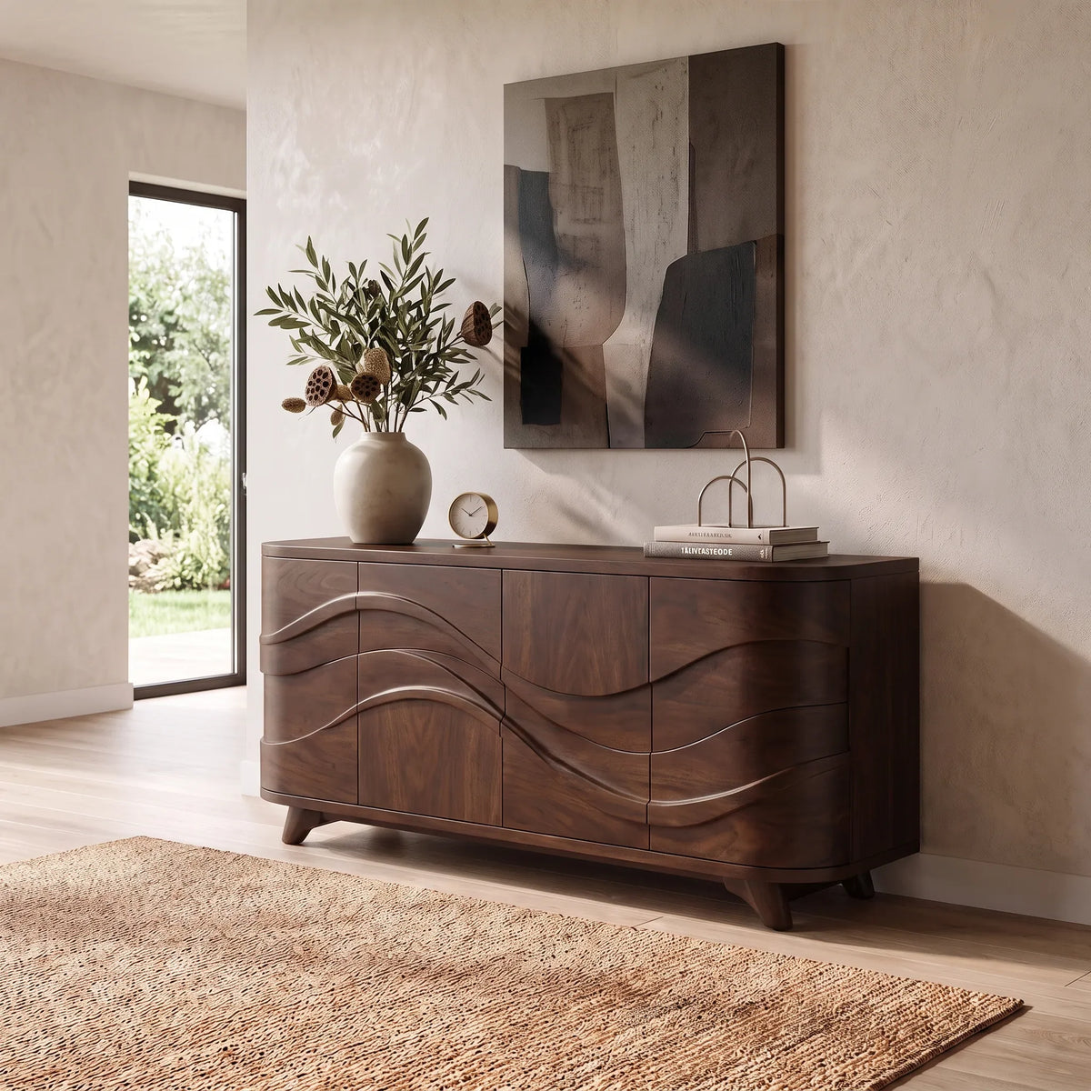 Handcrafted Wave Carved Sideboard Cabinet Living Room