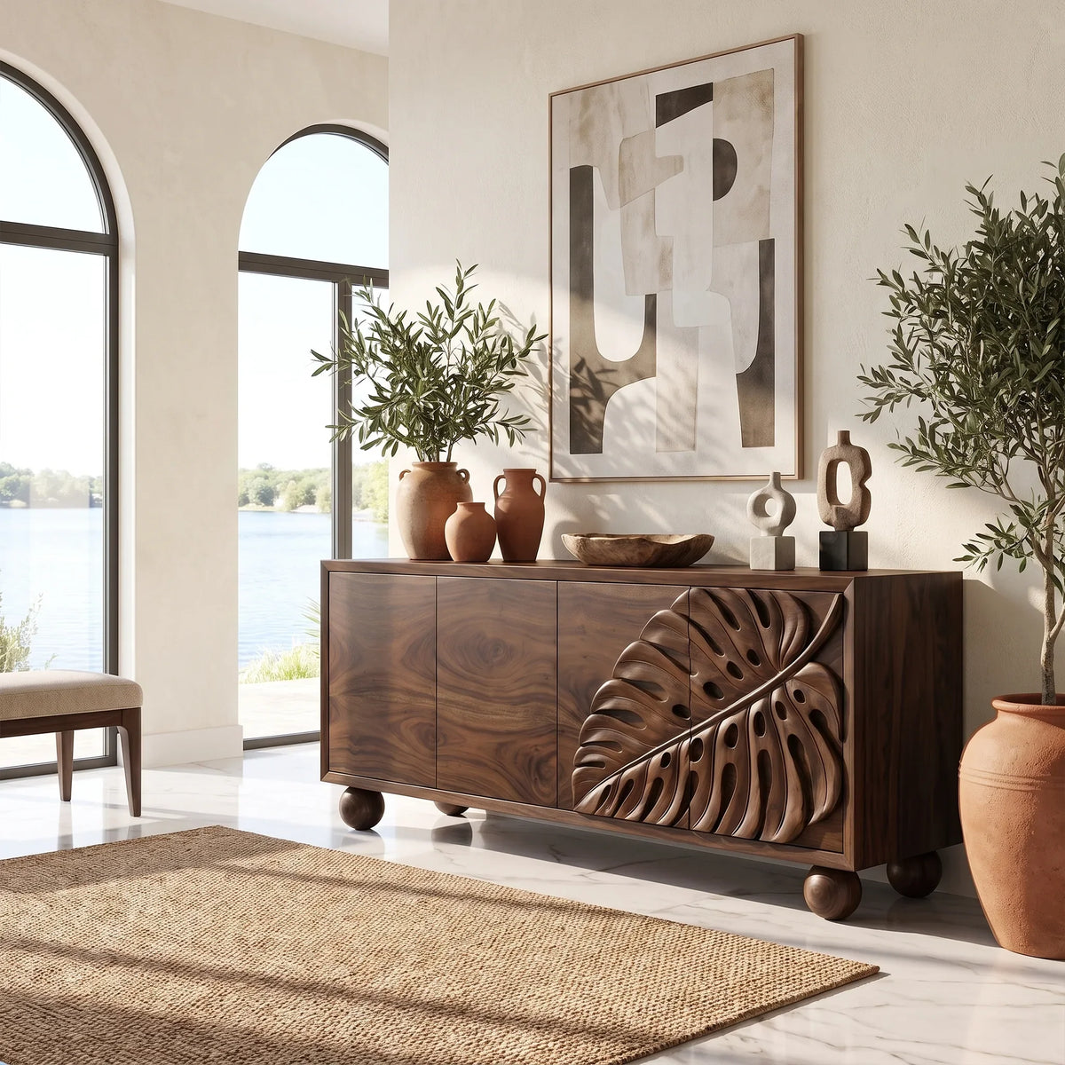 Serene Sideboard Cabinet Modern Sideboard Buffet Cabinet Monstera Carving For Living Room